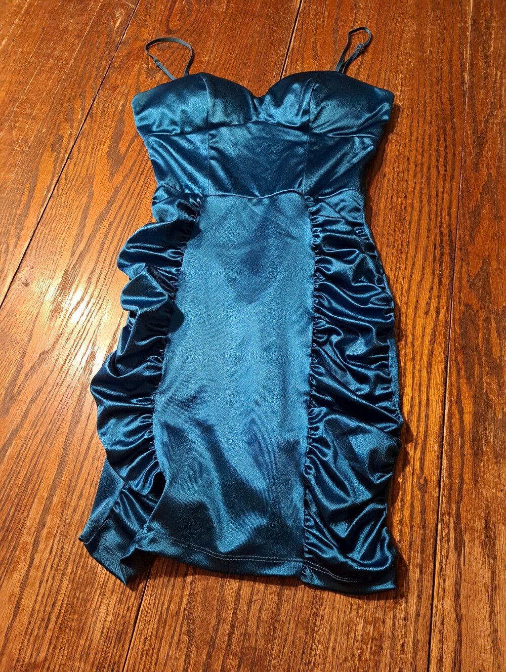 Honey and Rosie Teal Satin Ruched Bodycon Mini Dress XS Homecoming Cocktail